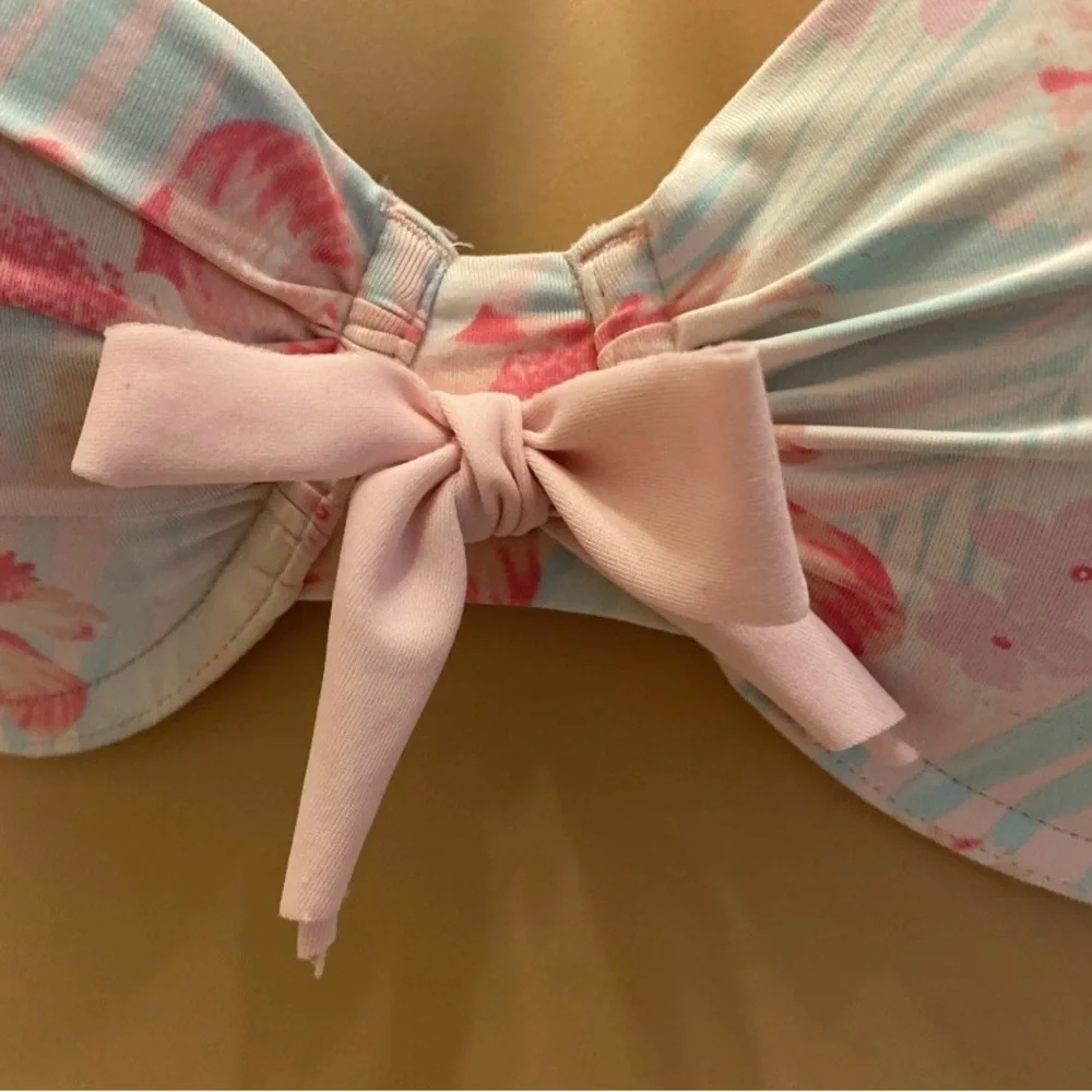 Hollister Light Blue & Pink Floral Halter Bikini Top with Center Bow